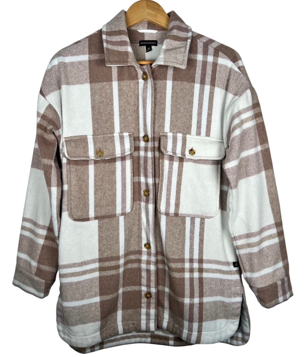 Banana Republic Women's Oversized Brown Plaid Flannel Shacket Jacket XS